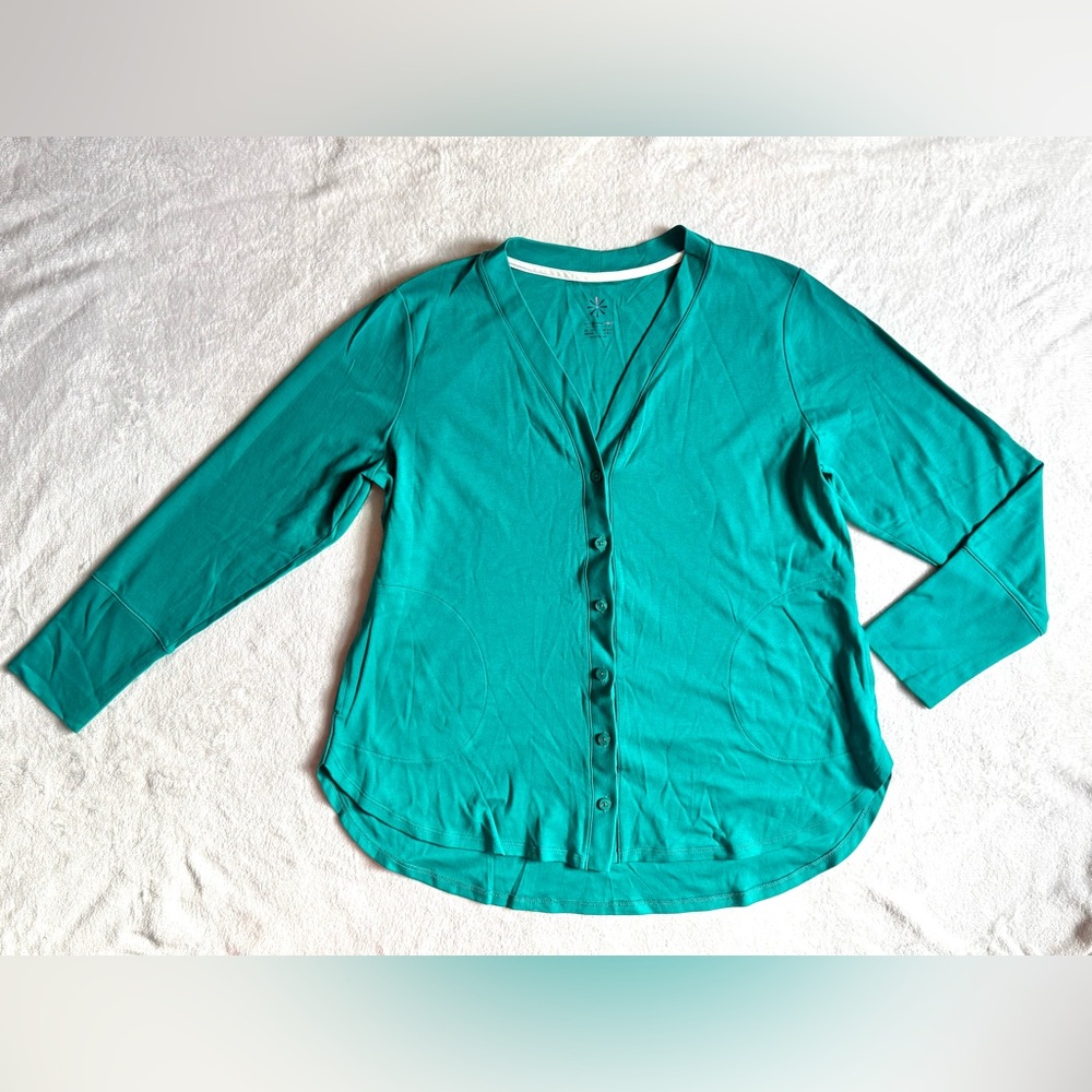 Isaac Mizrahi Essentials LRG Petite Teal Green Pima Cotton Button Front Cardigan